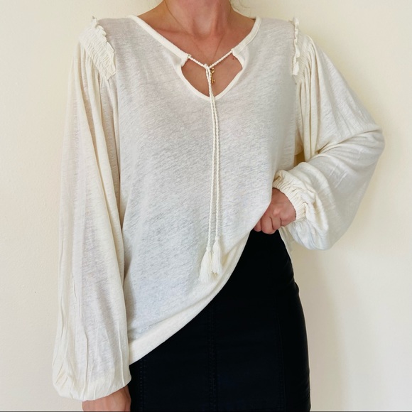 New Ralph Lauren ivory Linen-Blend Blouse long sleeve tessel Top - Picture 2 of 6